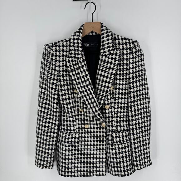 ZARA Black White Houndstooth Double Breasted Blazer Gold Button Tweed Size Small - Picture 1 of 9
